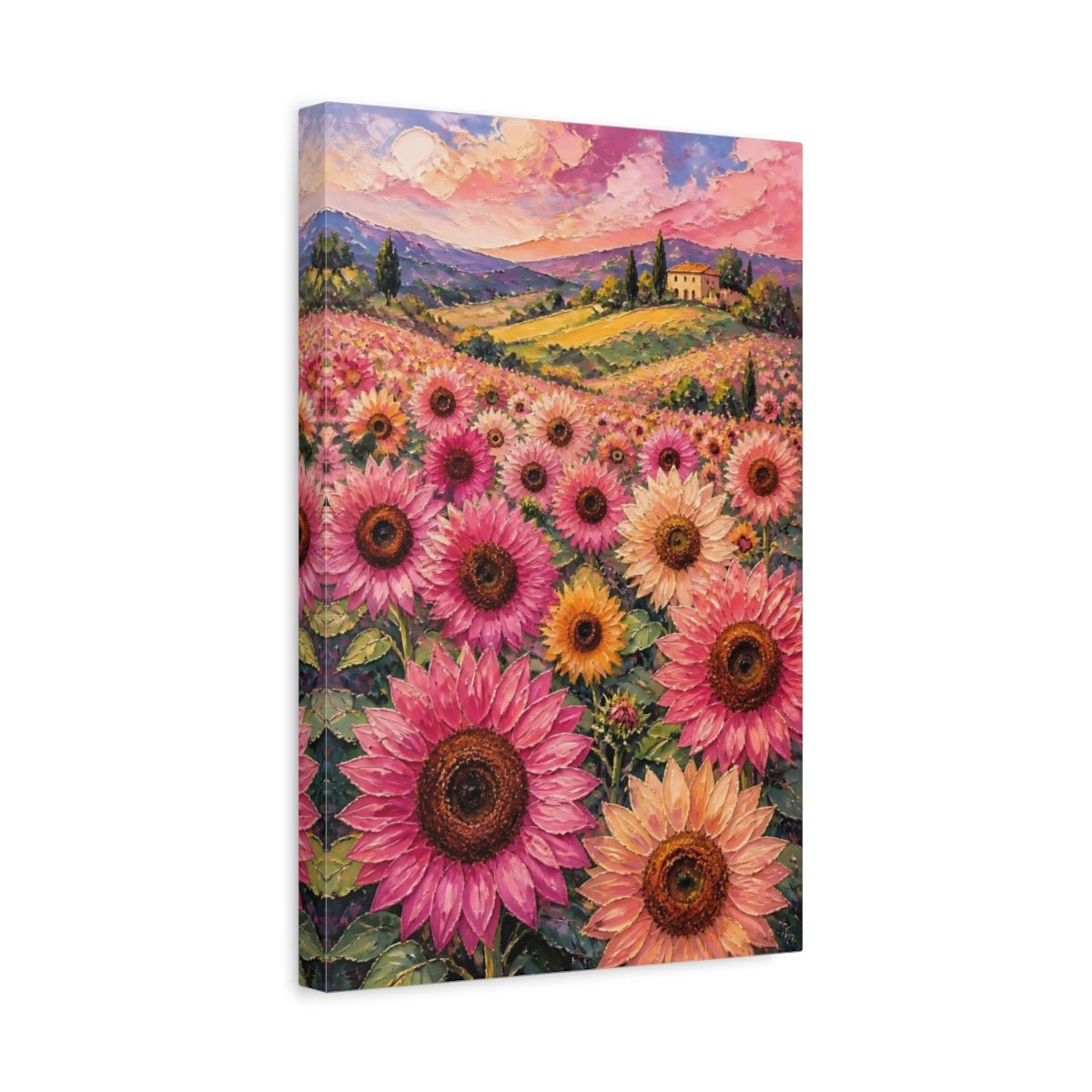 Pink Sunflower Meadow Canvas Print – Living Room, Above Console Table, Peach - YesArtYes