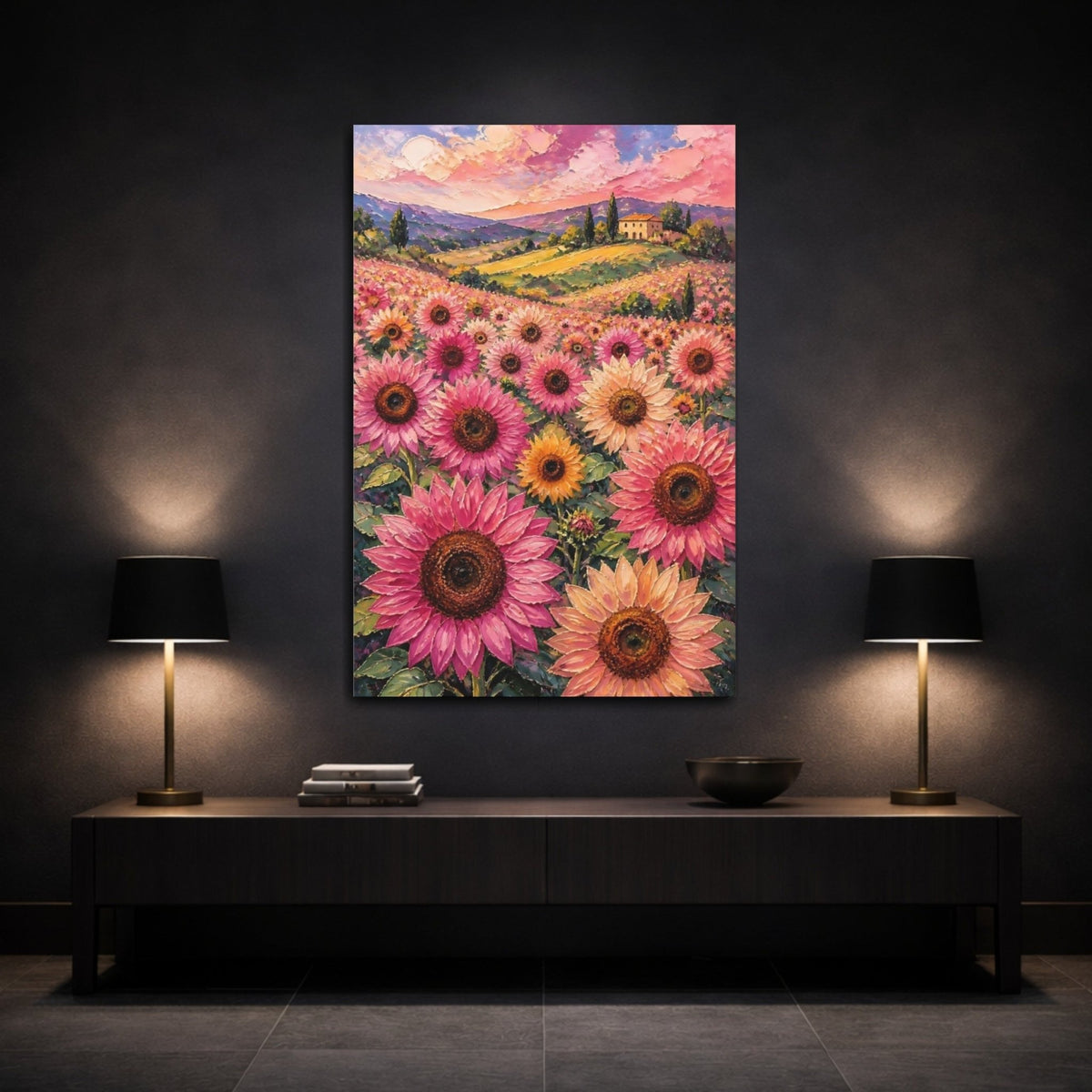 Pink Sunflower Meadow Canvas Print – Living Room, Above Console Table, Peach - YesArtYes
