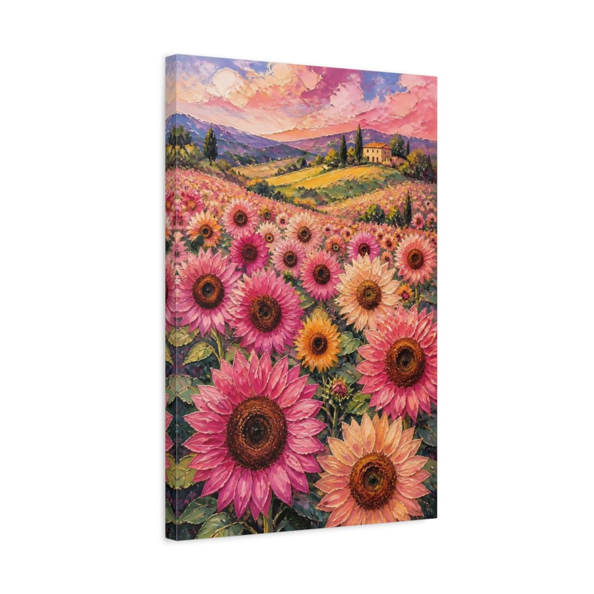 Pink Sunflower Meadow Canvas Print – Living Room, Above Console Table, Peach - YesArtYes