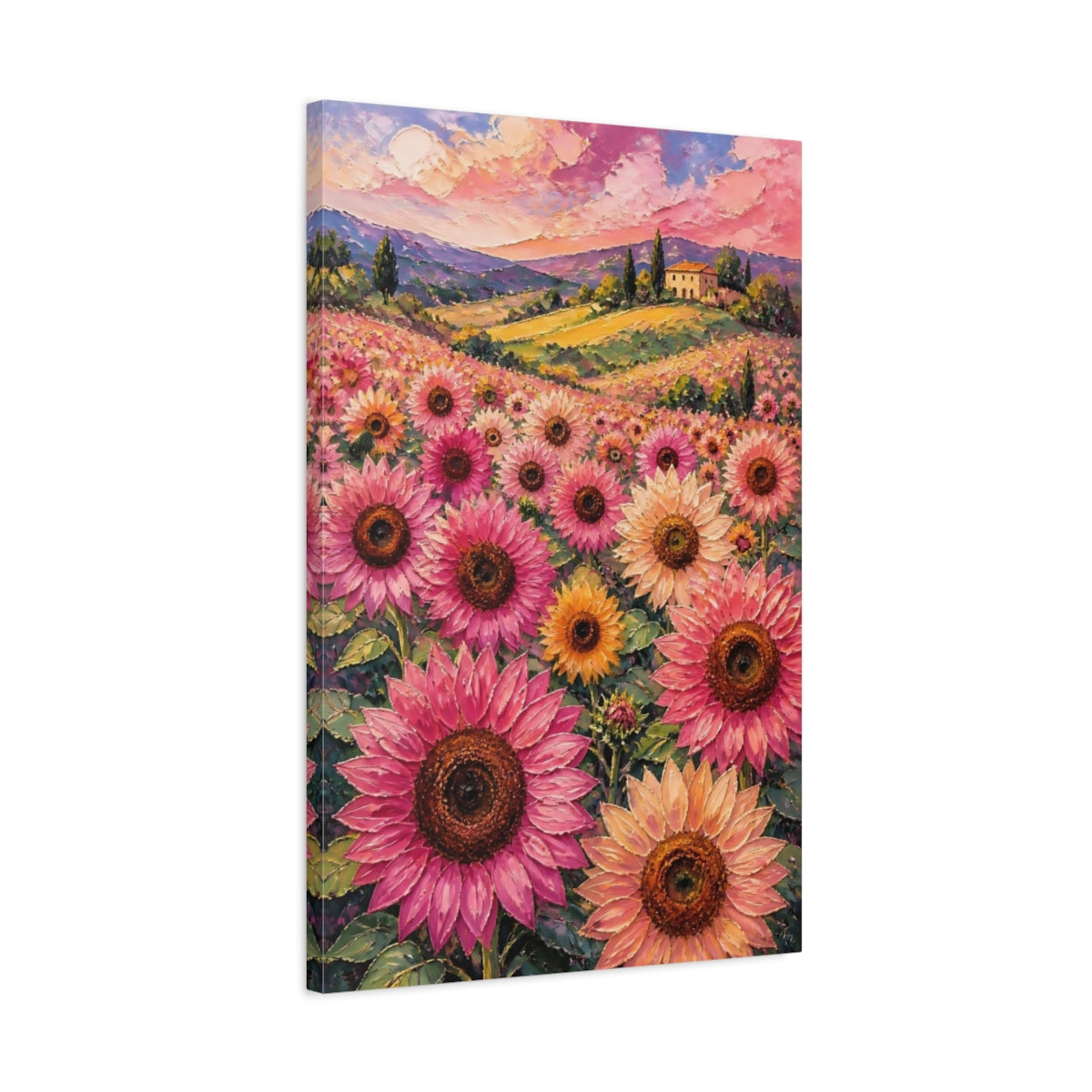 Side Mockup 2. Pink Sunflower Meadow shown as canvas print