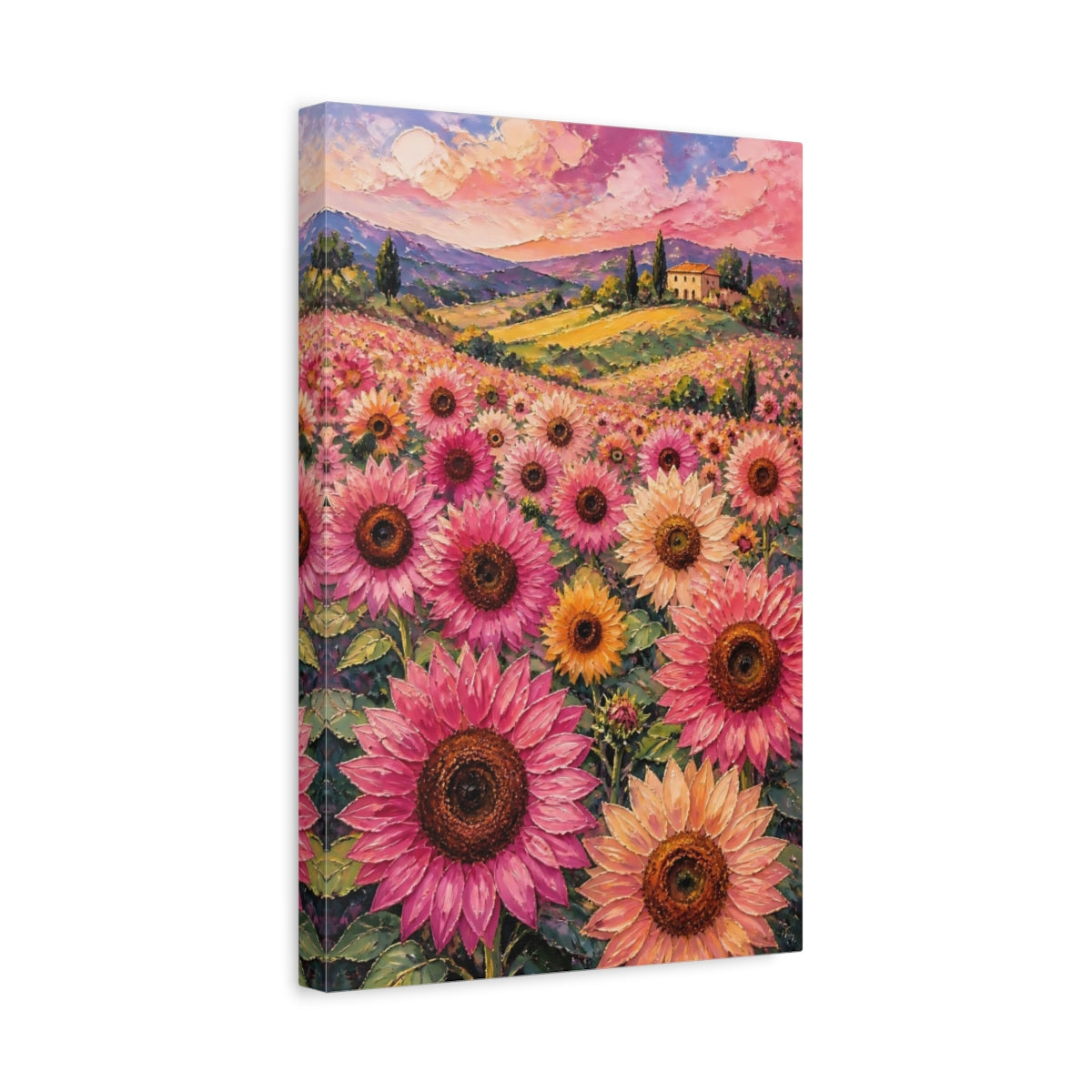 Side Mockup 4. Pink Sunflower Meadow shown as canvas print