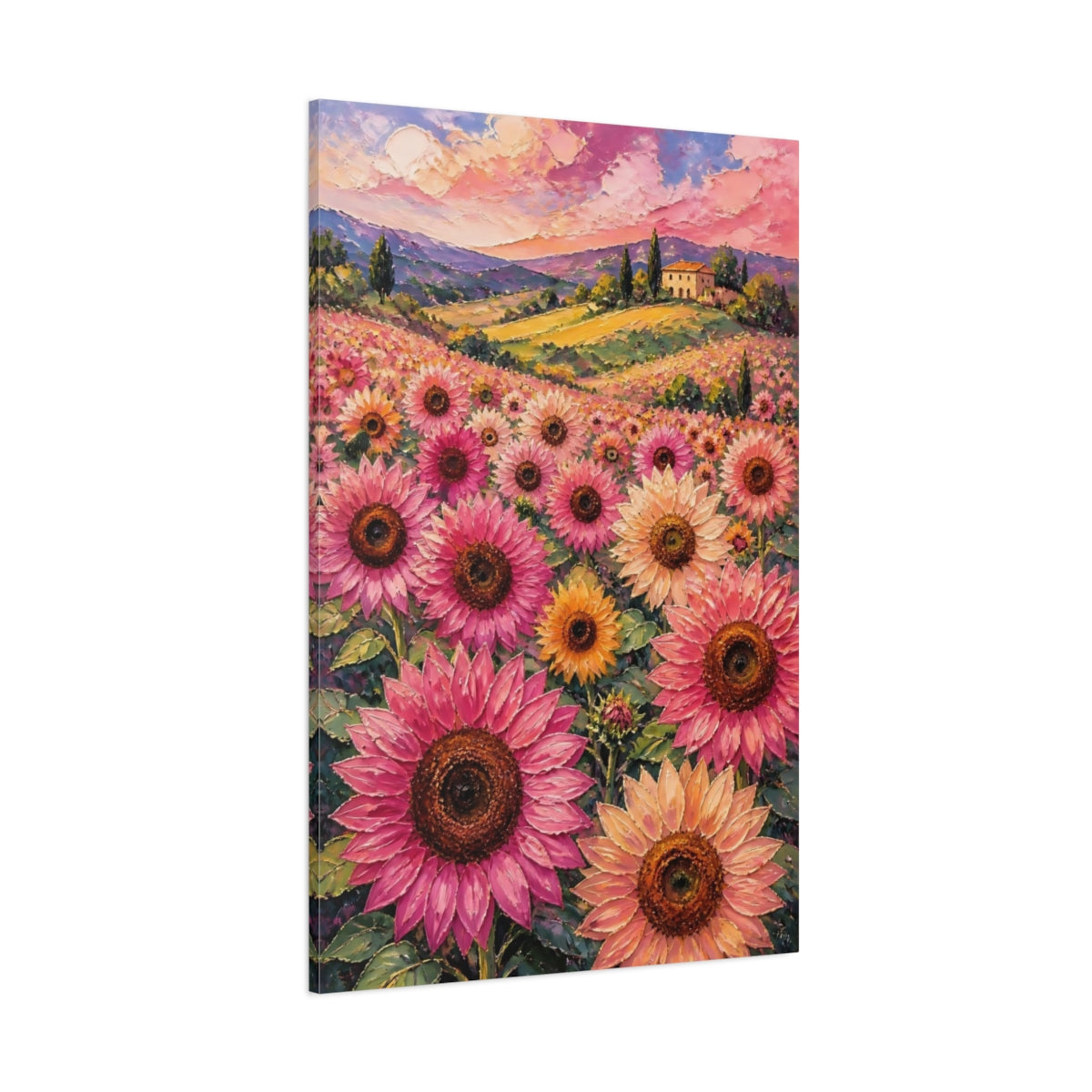 Side Mockup 1. Pink Sunflower Meadow shown as canvas print