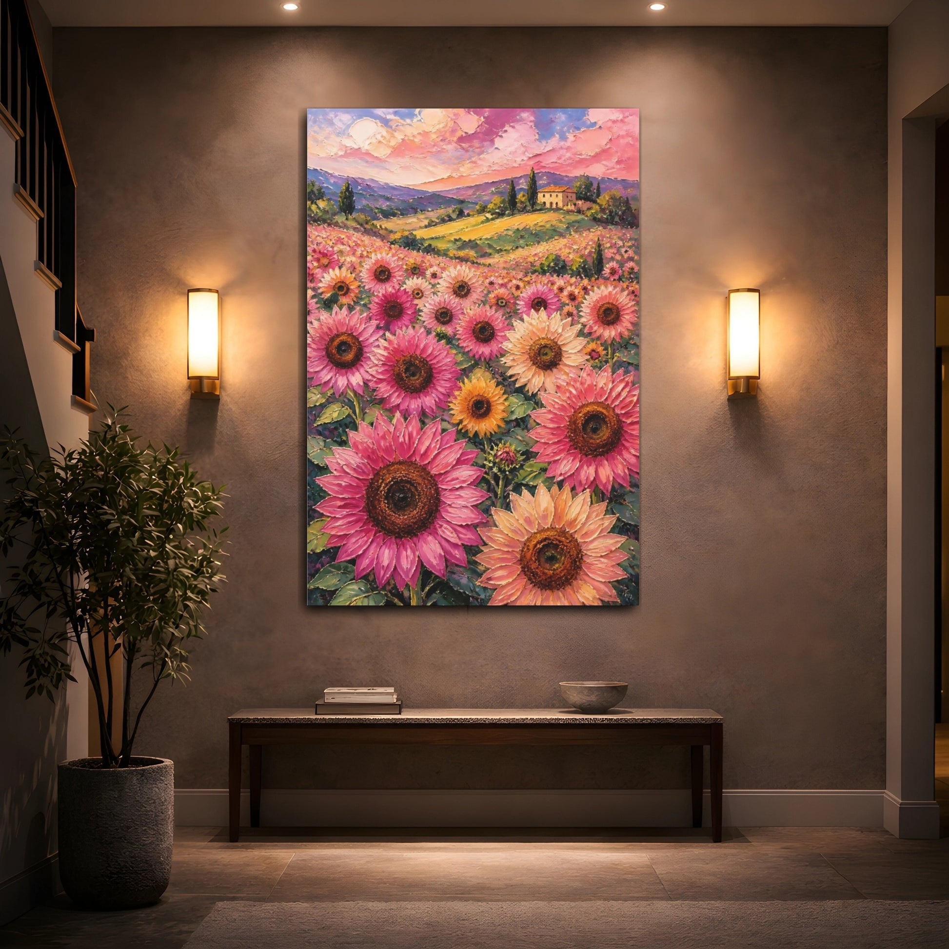 Mockup 2. Pink Sunflower Meadow shown as canvas print