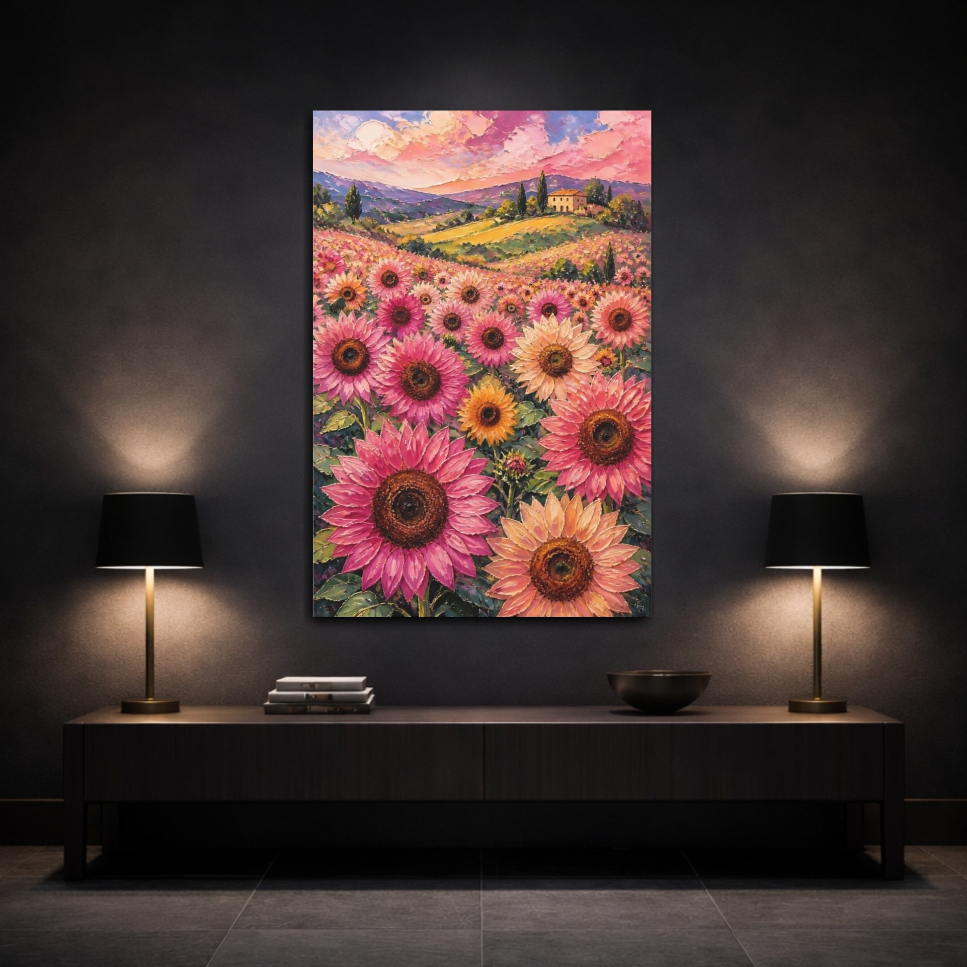 Mockup 3. Pink Sunflower Meadow shown as canvas print