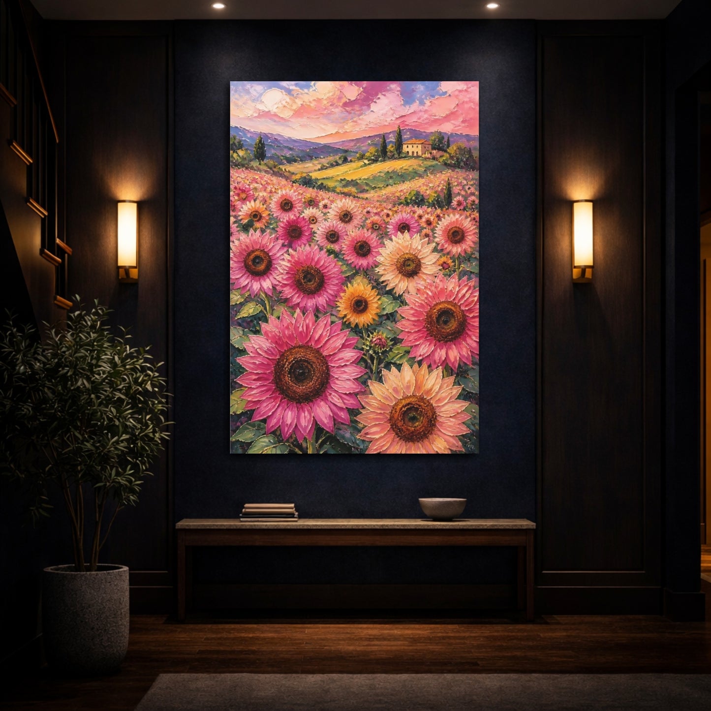 Mockup 4. Pink Sunflower Meadow shown as canvas print