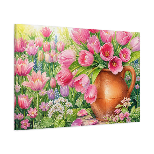 Main Mockup. Pink Tulips In Pitcher shown as canvas print