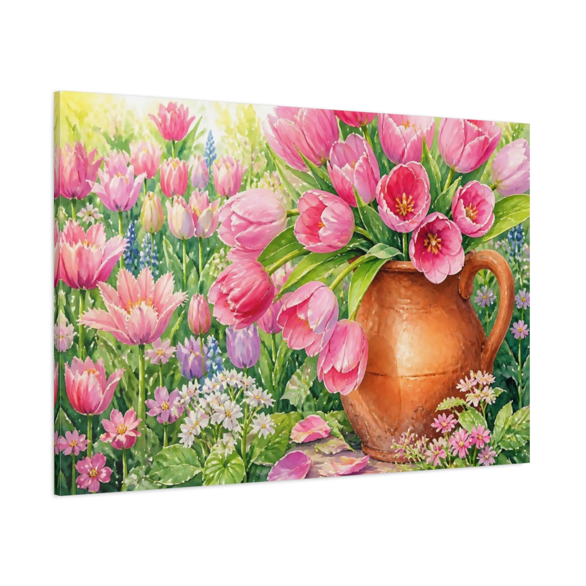 Side Mockup 1. Pink Tulips In Pitcher shown as canvas print