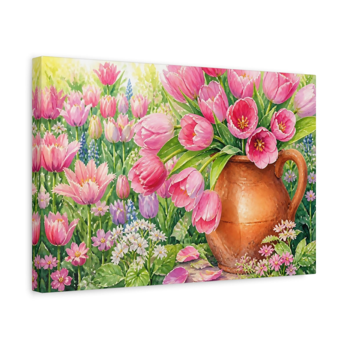 Side Mockup 4. Pink Tulips In Pitcher shown as canvas print