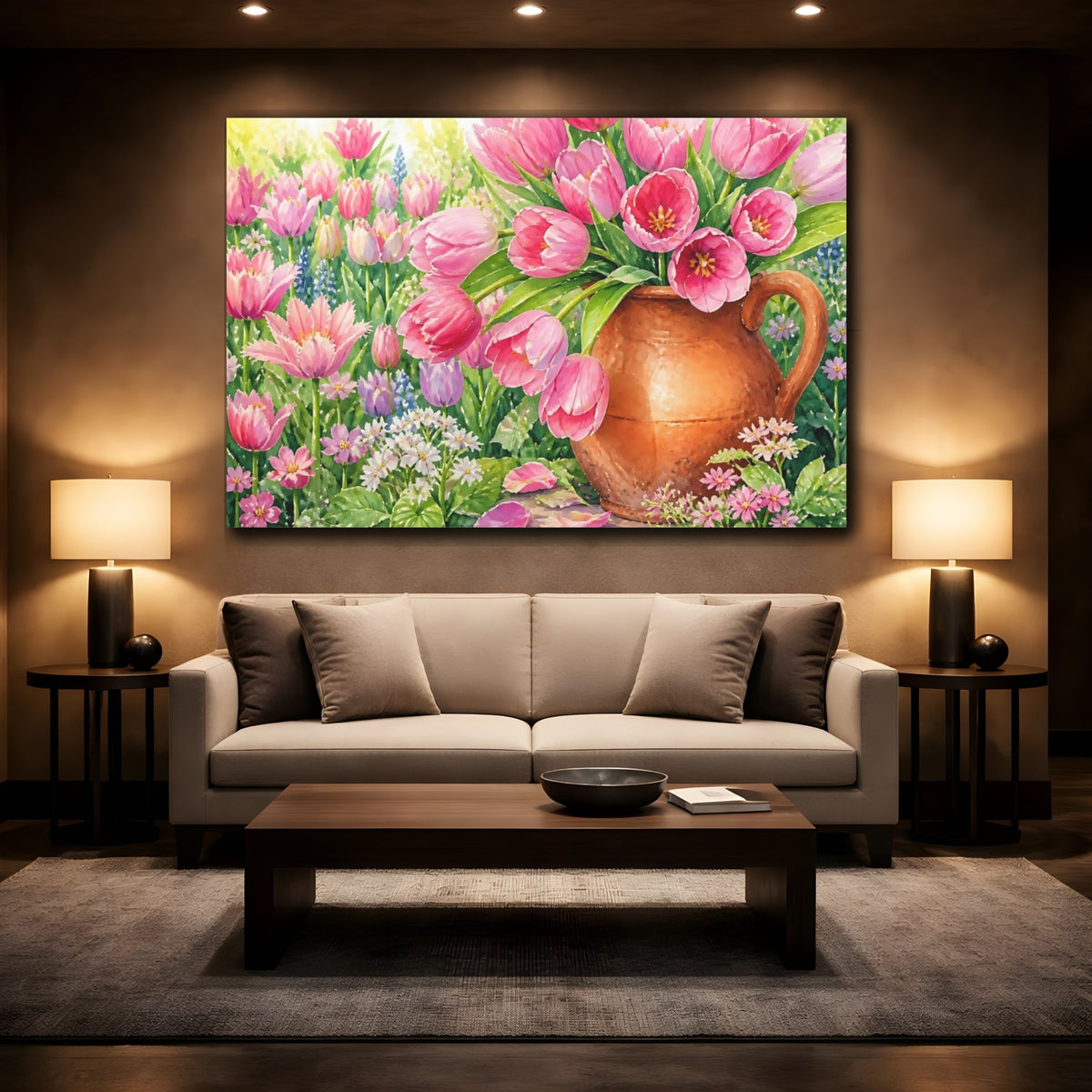 Mockup 2. Pink Tulips In Pitcher shown as canvas print