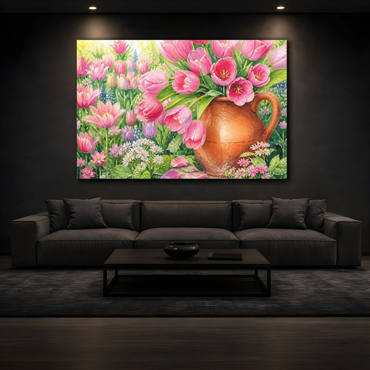 Mockup 3. Pink Tulips In Pitcher shown as canvas print