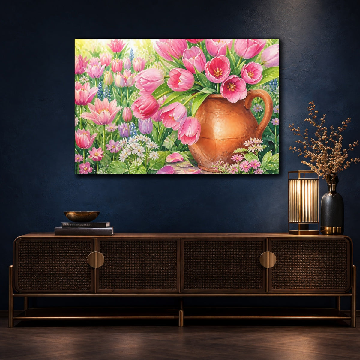 Mockup 4. Pink Tulips In Pitcher shown as canvas print