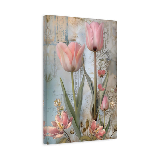 Pink Tulips Vintage Floral Canvas Wall Art Flowers Print - YesArtYes