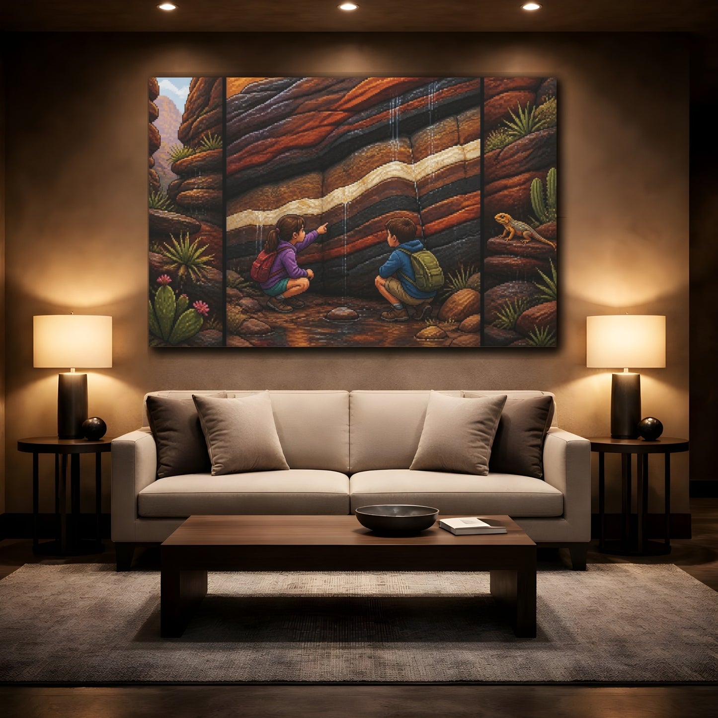 Mockup 2. Pixel-Art Sandstone Seam Discovery shown as canvas print