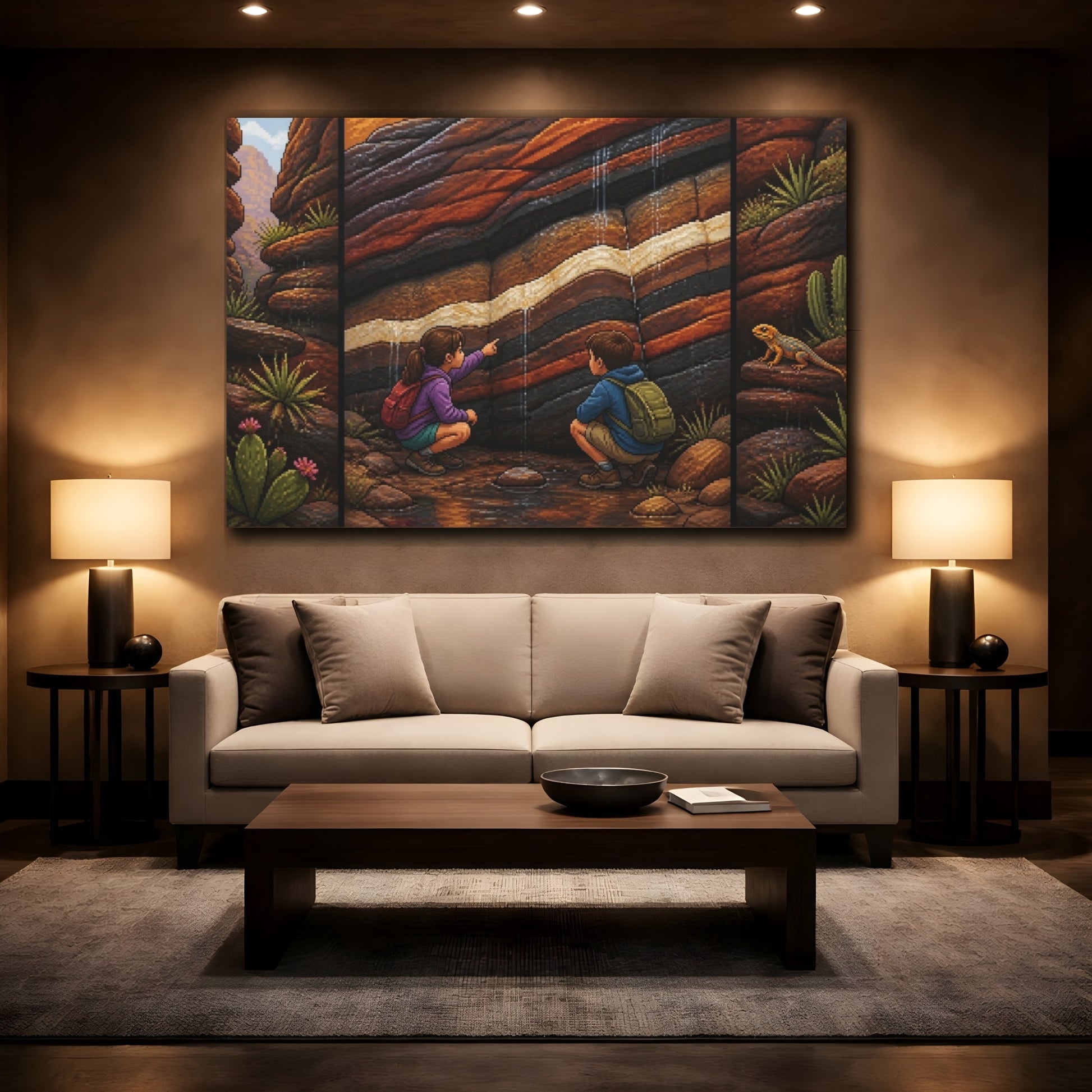 Mockup 2. Pixel-Art Sandstone Seam Discovery shown as canvas print