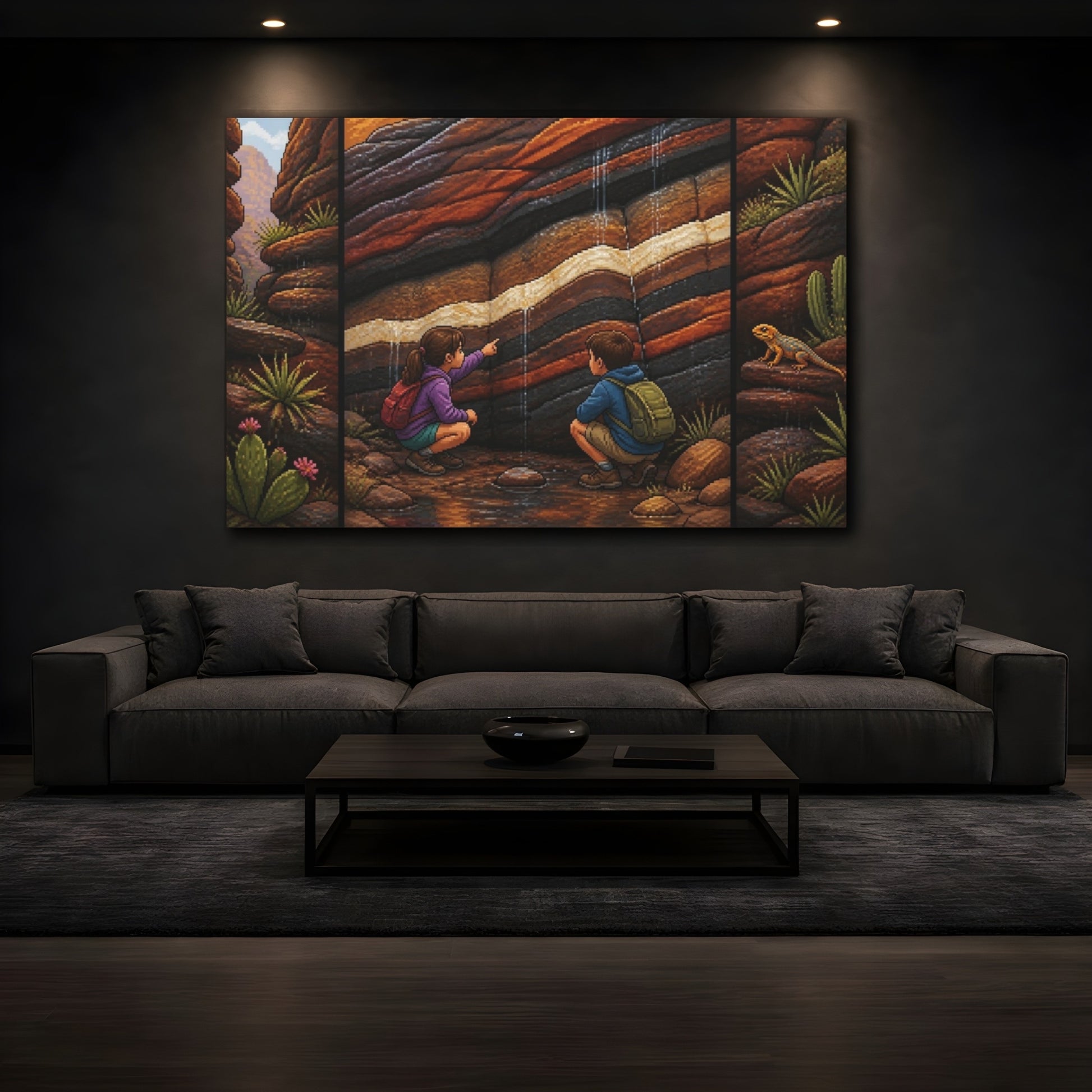 Mockup 3. Pixel-Art Sandstone Seam Discovery shown as canvas print