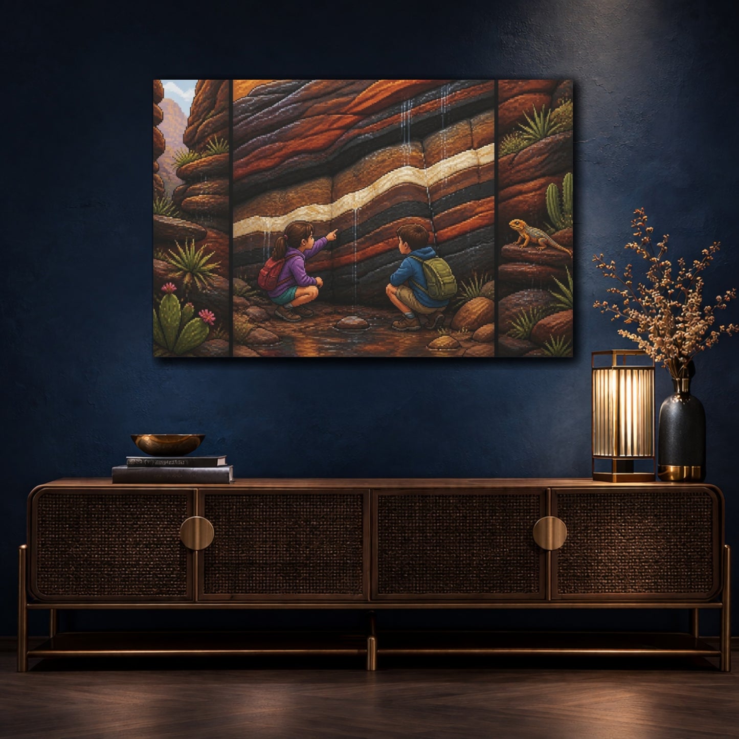 Mockup 4. Pixel-Art Sandstone Seam Discovery shown as canvas print