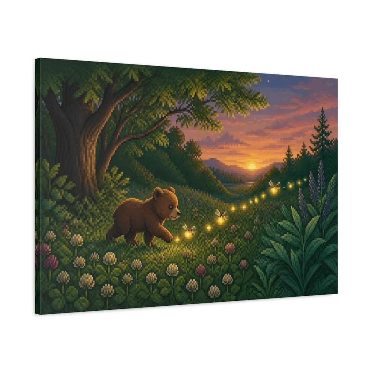 Main Mockup. Pixel Bear Cub And Fireflies shown as canvas print