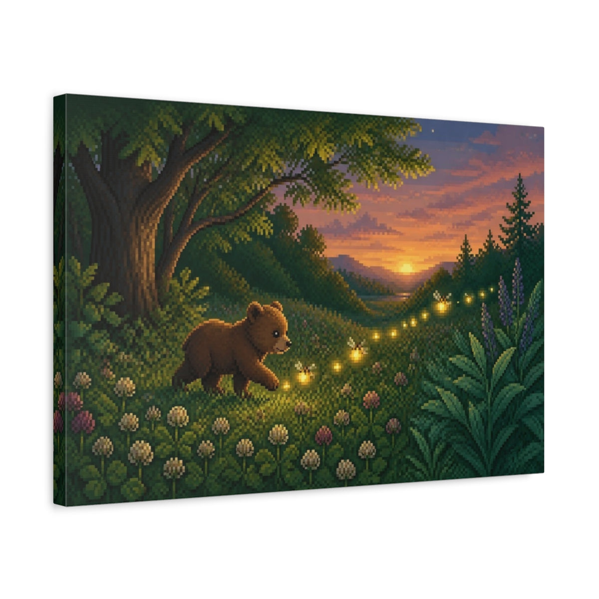 Side Mockup 3. Pixel Bear Cub And Fireflies shown as canvas print