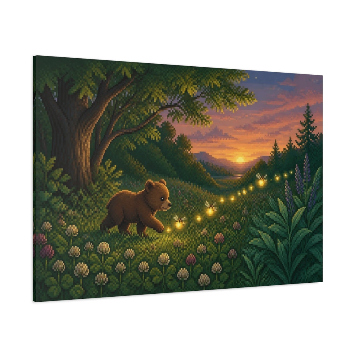 Side Mockup 1. Pixel Bear Cub And Fireflies shown as canvas print