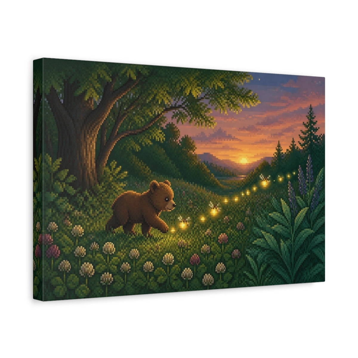 Side Mockup 4. Pixel Bear Cub And Fireflies shown as canvas print