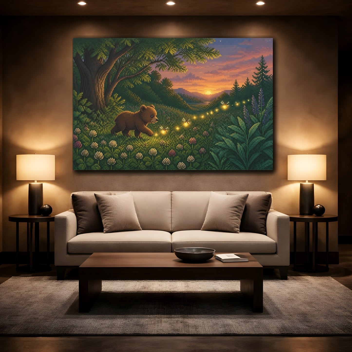 Mockup 2. Pixel Bear Cub And Fireflies shown as canvas print