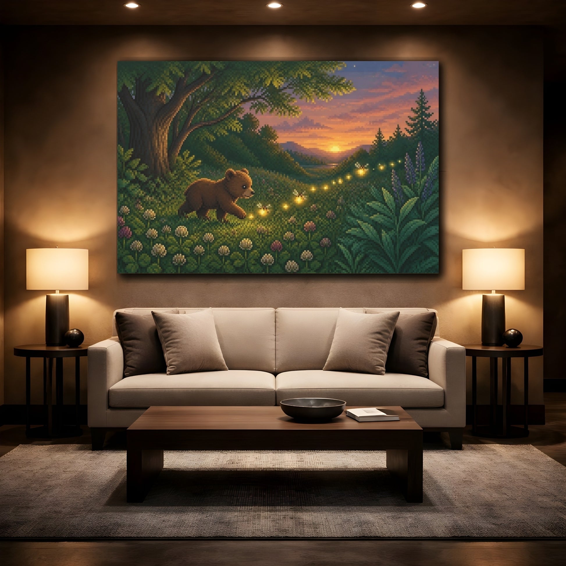 Mockup 2. Pixel Bear Cub And Fireflies shown as canvas print