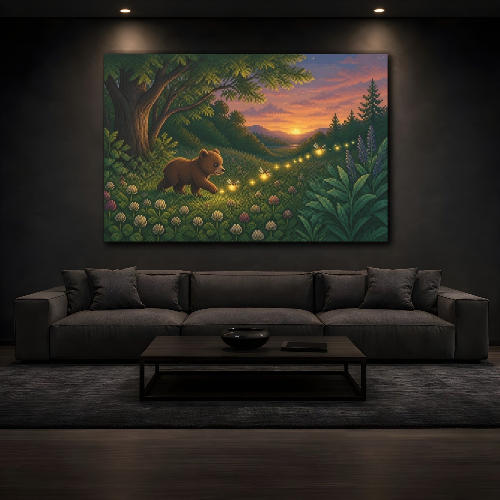 Mockup 3. Pixel Bear Cub And Fireflies shown as canvas print
