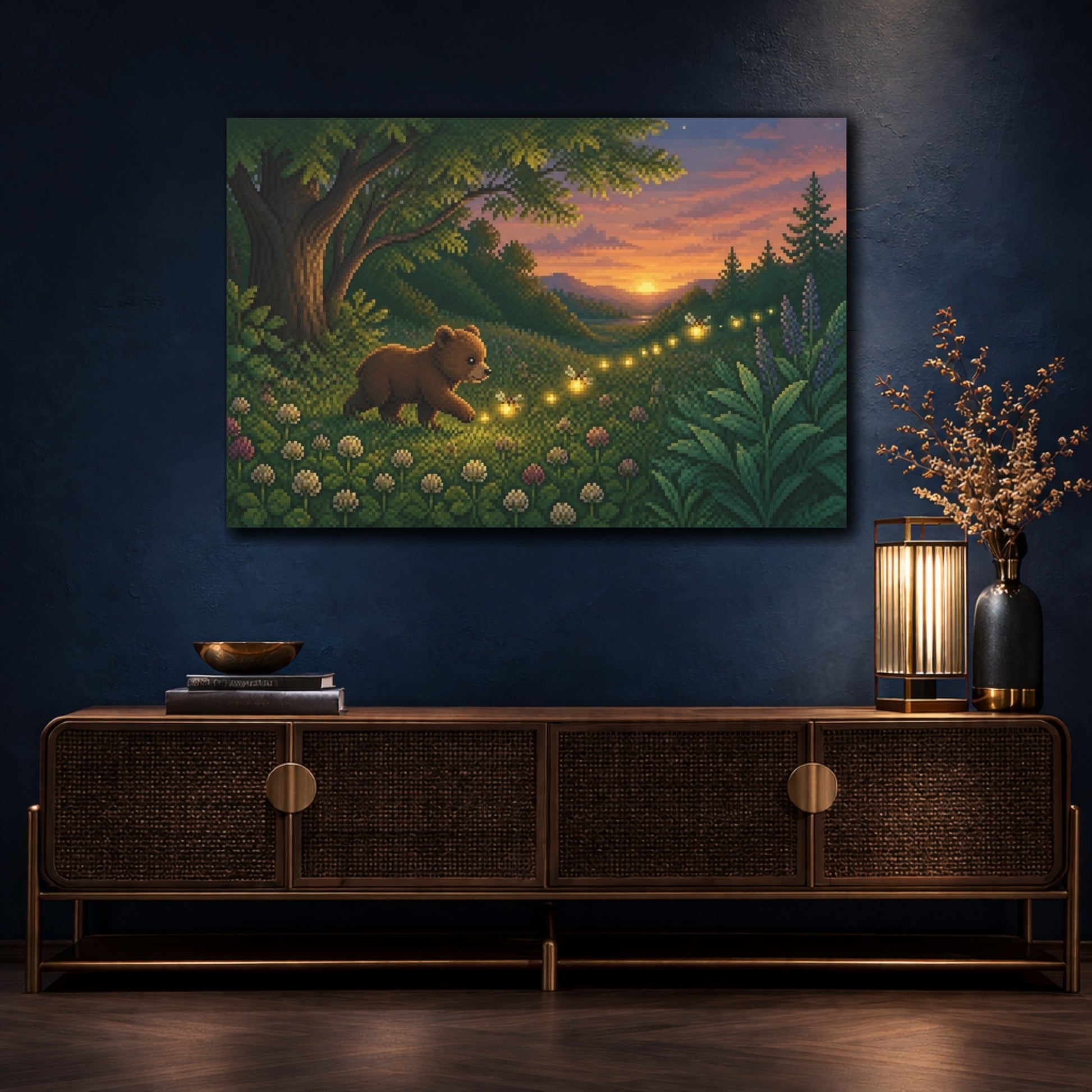 Mockup 4. Pixel Bear Cub And Fireflies shown as canvas print