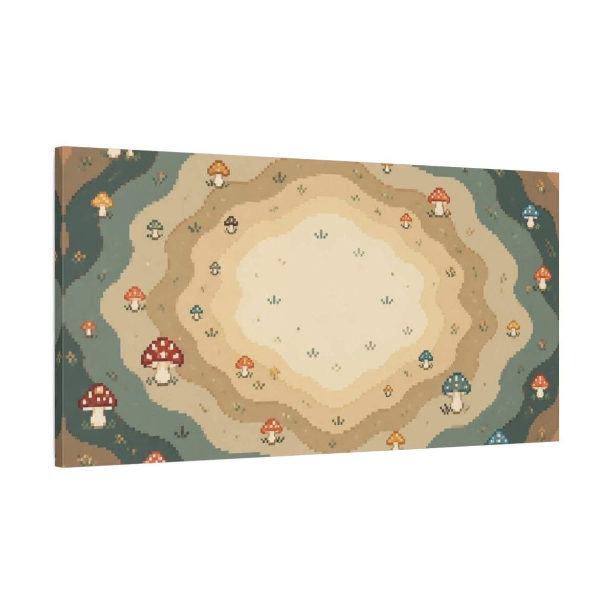Main Mockup. Pixel Mushroom Rings shown as canvas print