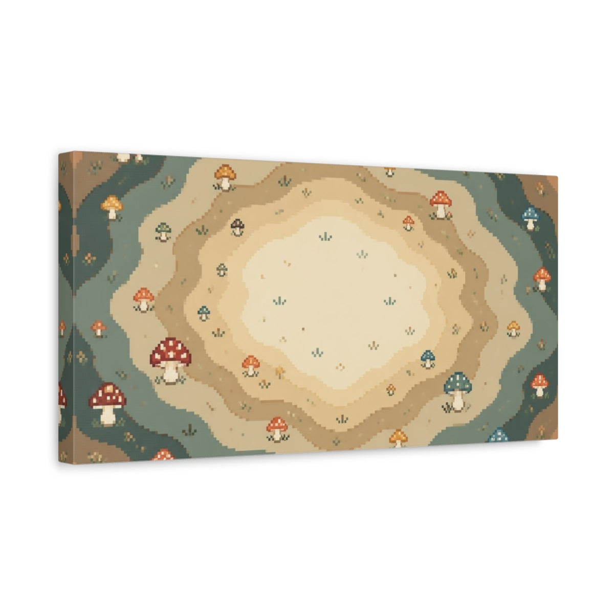 Side Mockup 3. Pixel Mushroom Rings shown as canvas print
