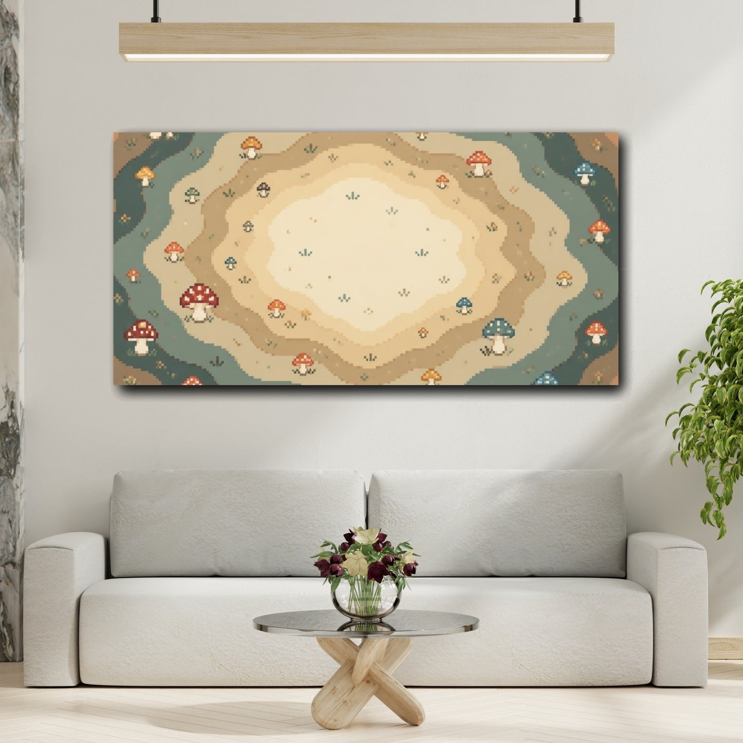 Mockup 2. Pixel Mushroom Rings shown as canvas print