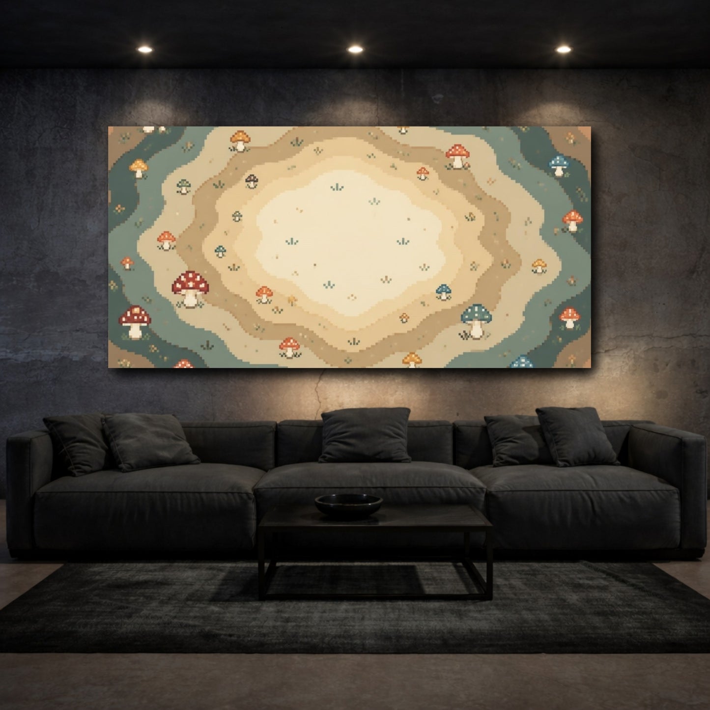 Mockup 3. Pixel Mushroom Rings shown as canvas print