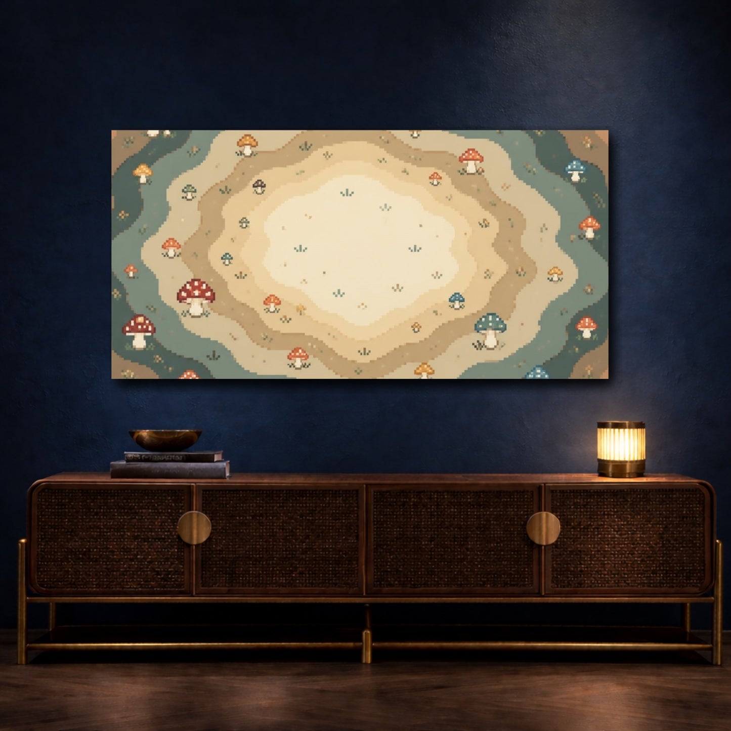 Mockup 4. Pixel Mushroom Rings shown as canvas print