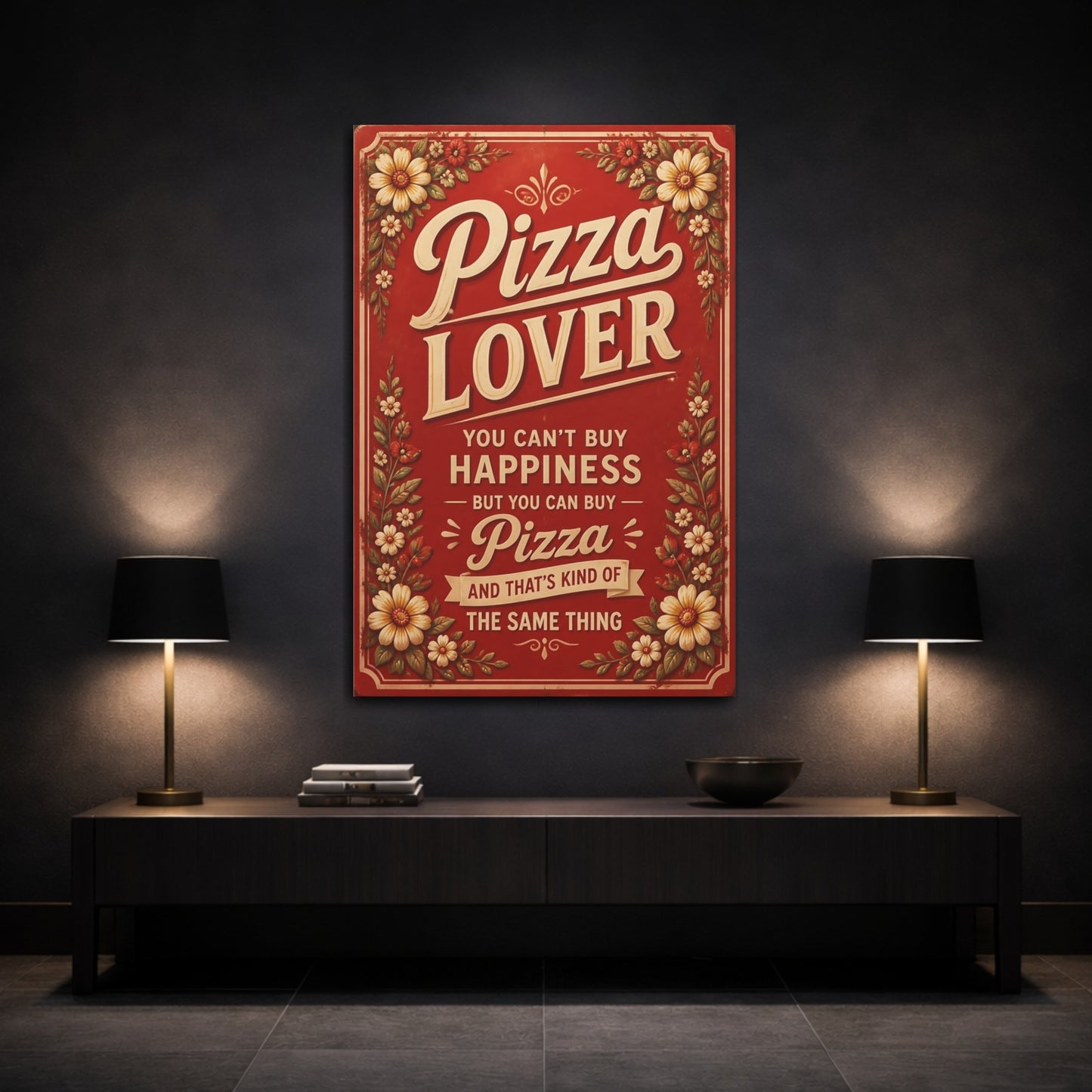 Mockup 3. Pizza Quotes Sign shown as canvas print