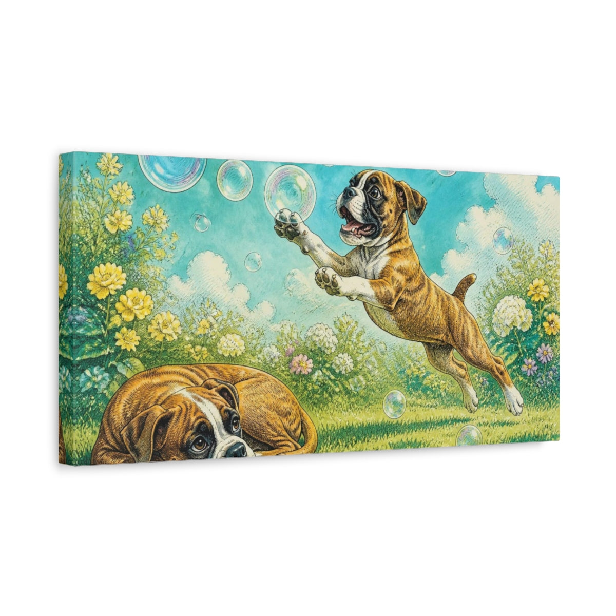 Side Mockup 3. Playful Boxer Pets shown as canvas print