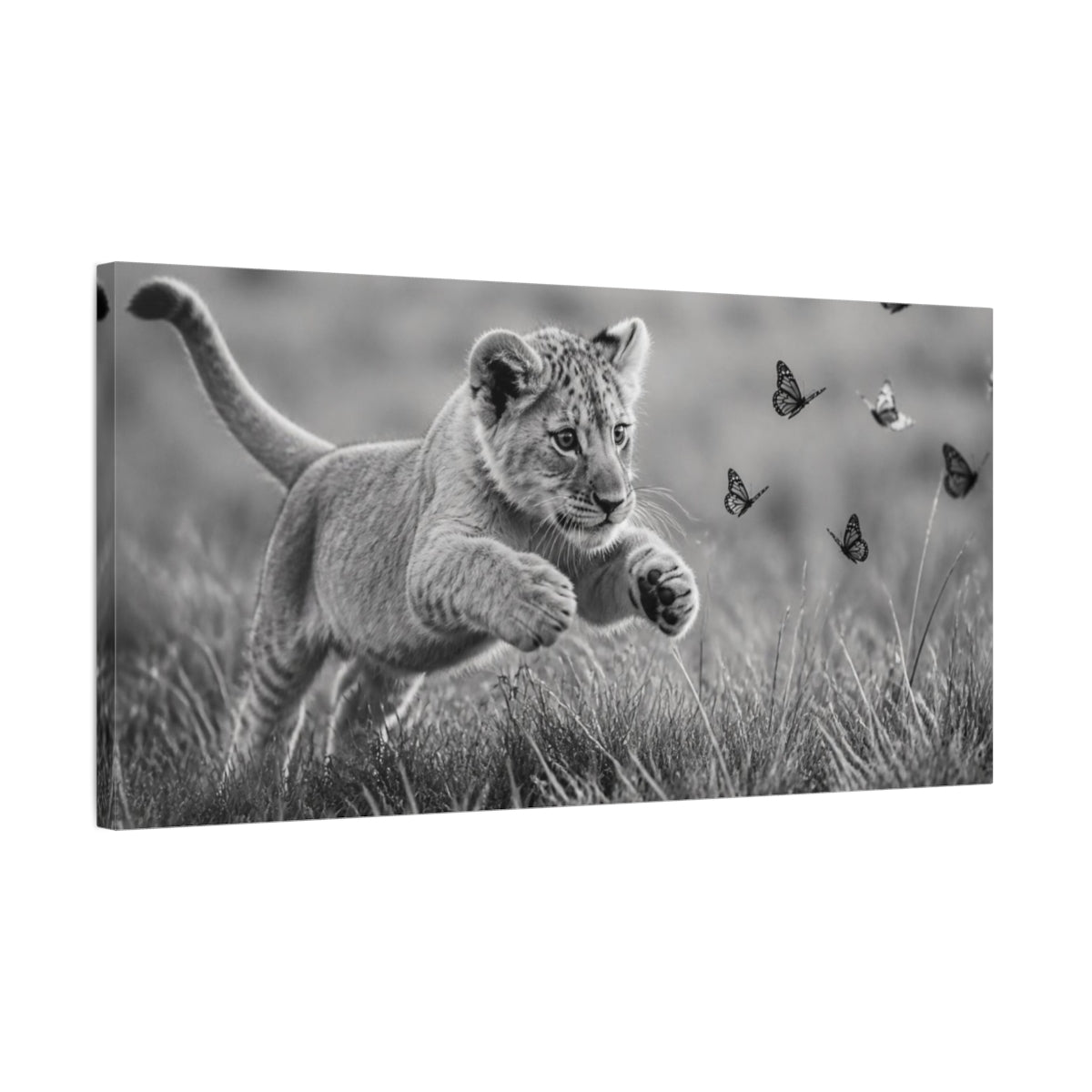 Side Mockup 1. Playful Lion Cub Animals shown as canvas print
