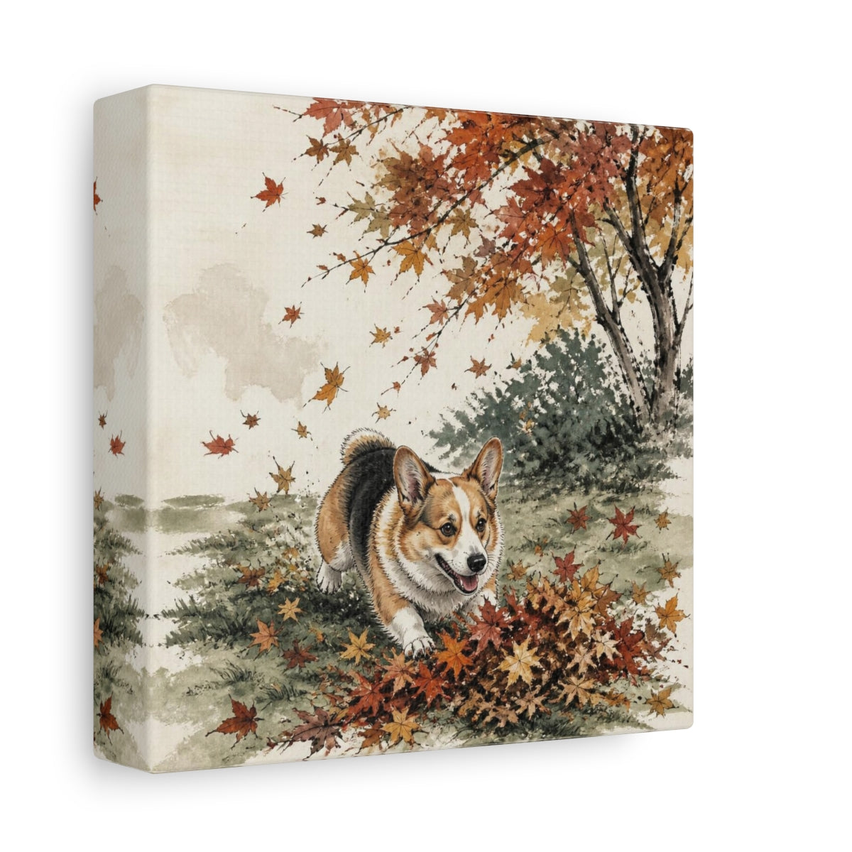Side Mockup 2. Playful Pet Corgi shown as canvas print