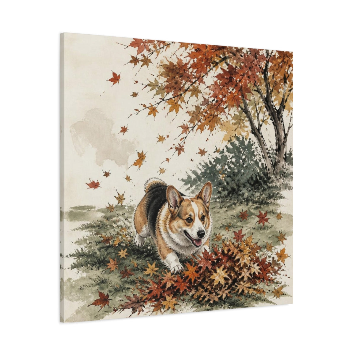 Side Mockup 1. Playful Pet Corgi shown as canvas print