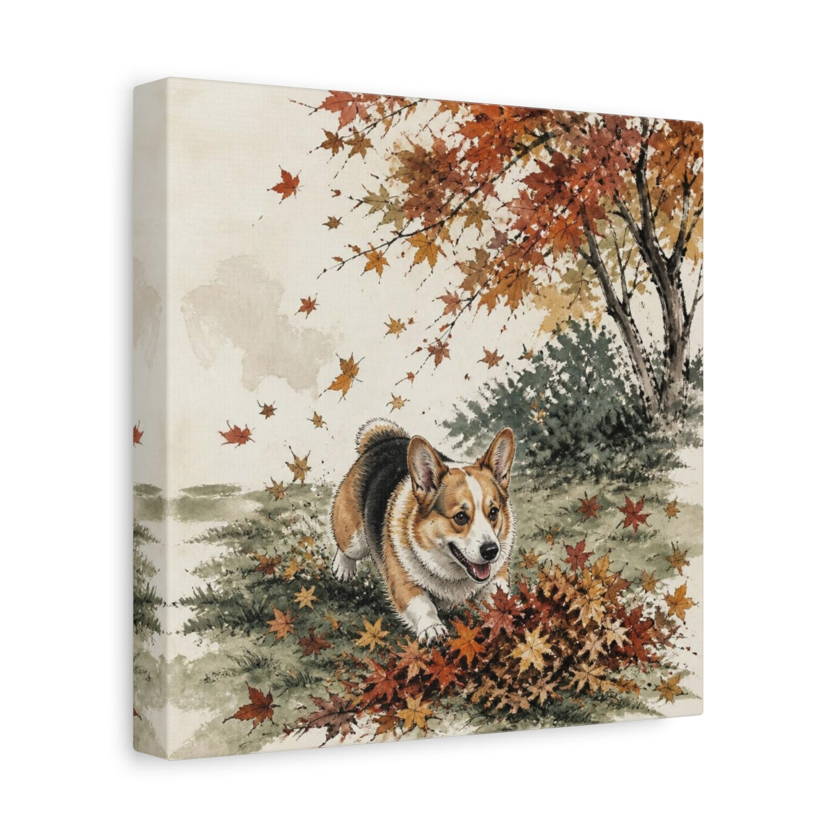 Side Mockup 9. Playful Pet Corgi shown as canvas print