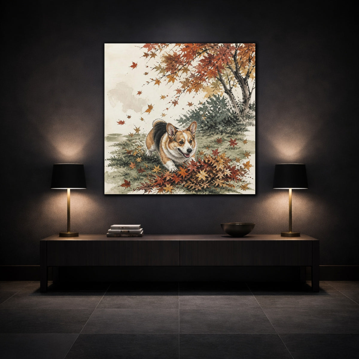 Mockup 3. Playful Pet Corgi shown as canvas print