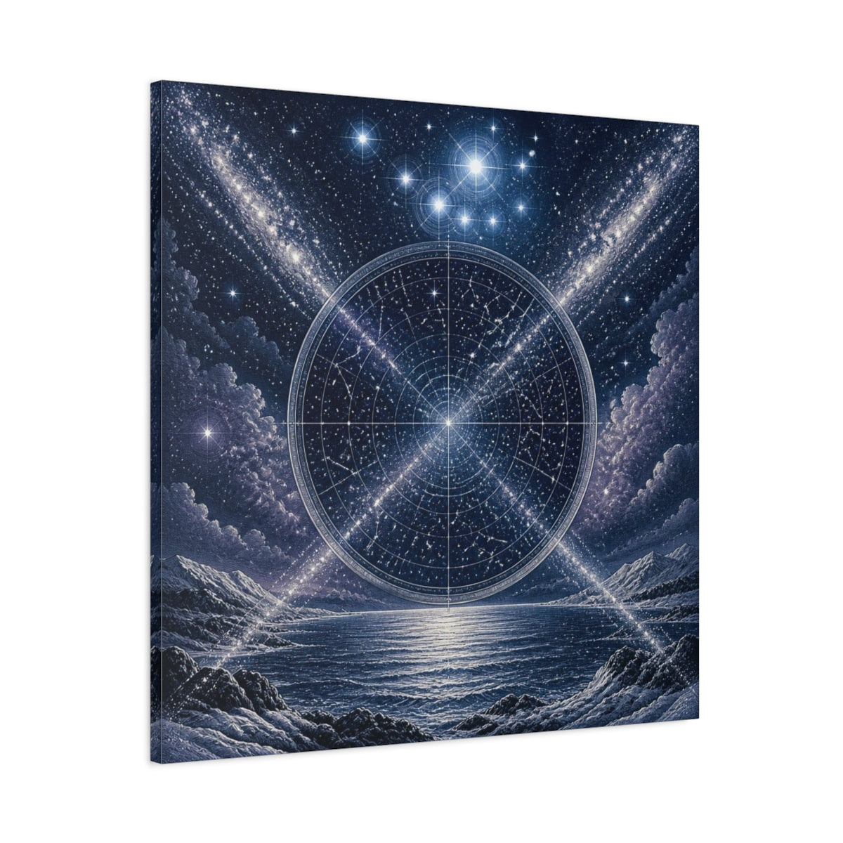 Main Mockup. Pleiades Star Map Over Sea shown as canvas print