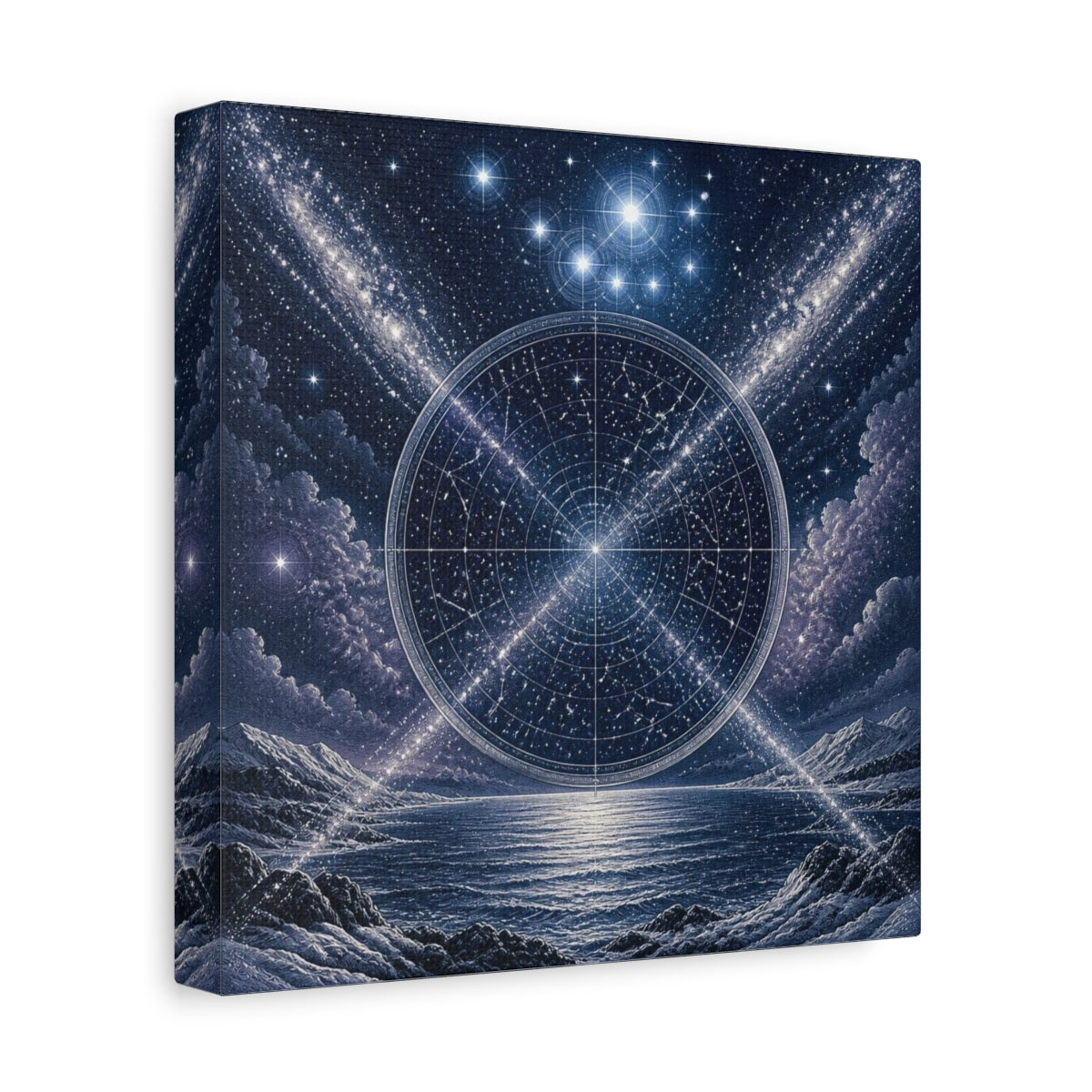 Side Mockup 9. Pleiades Star Map Over Sea shown as canvas print