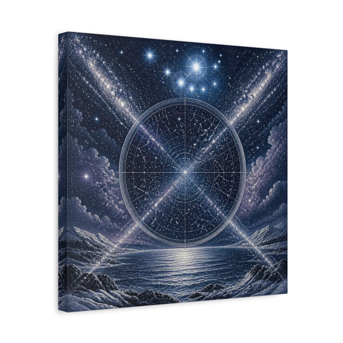 Side Mockup 6. Pleiades Star Map Over Sea shown as canvas print