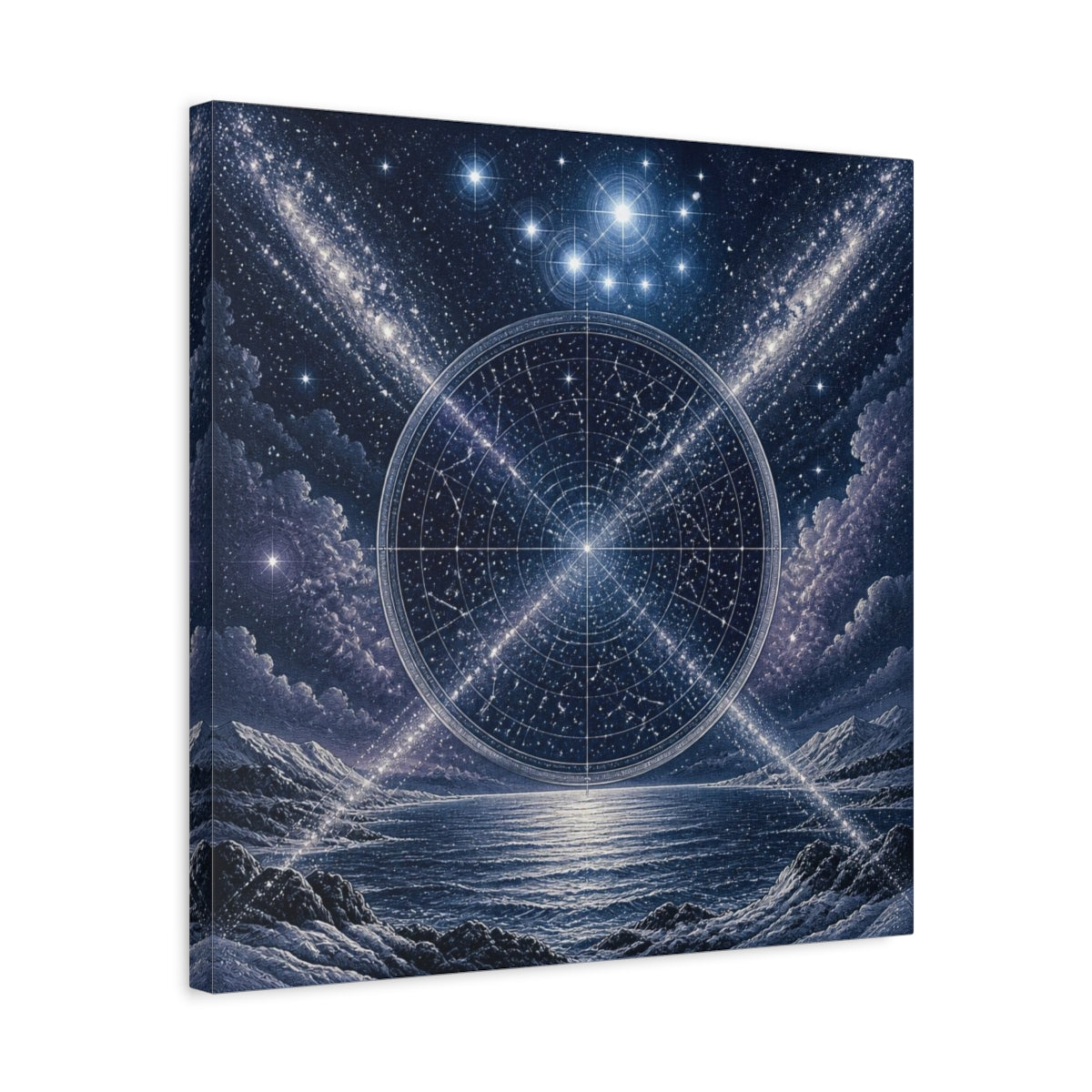 Side Mockup 5. Pleiades Star Map Over Sea shown as canvas print