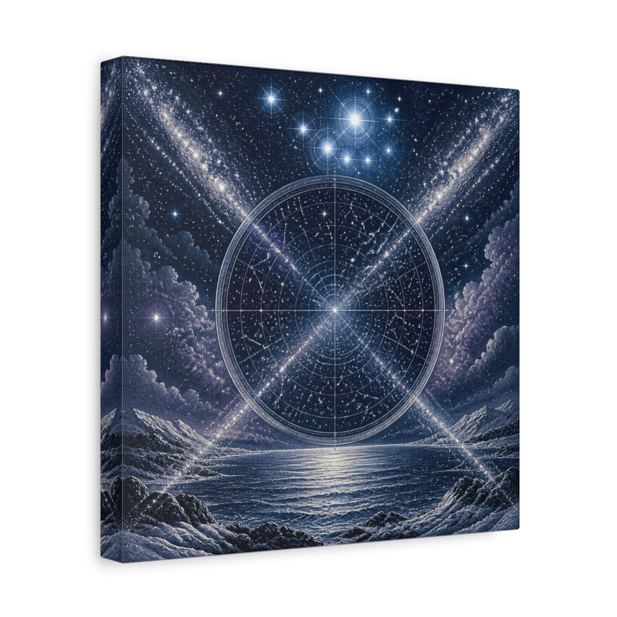 Side Mockup 8. Pleiades Star Map Over Sea shown as canvas print
