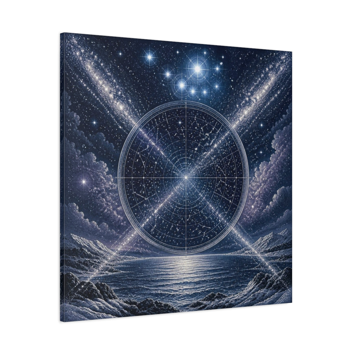Side Mockup 1. Pleiades Star Map Over Sea shown as canvas print