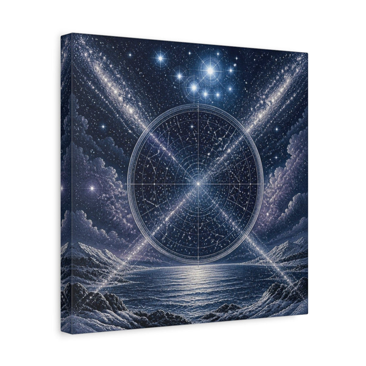Side Mockup 7. Pleiades Star Map Over Sea shown as canvas print