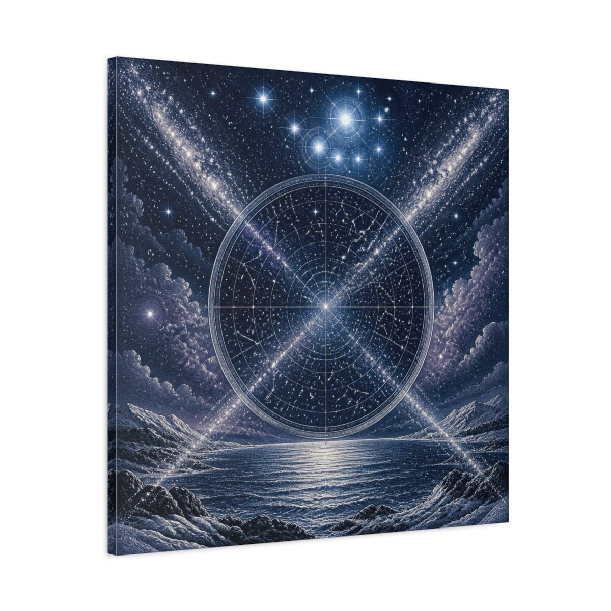 Side Mockup 3. Pleiades Star Map Over Sea shown as canvas print