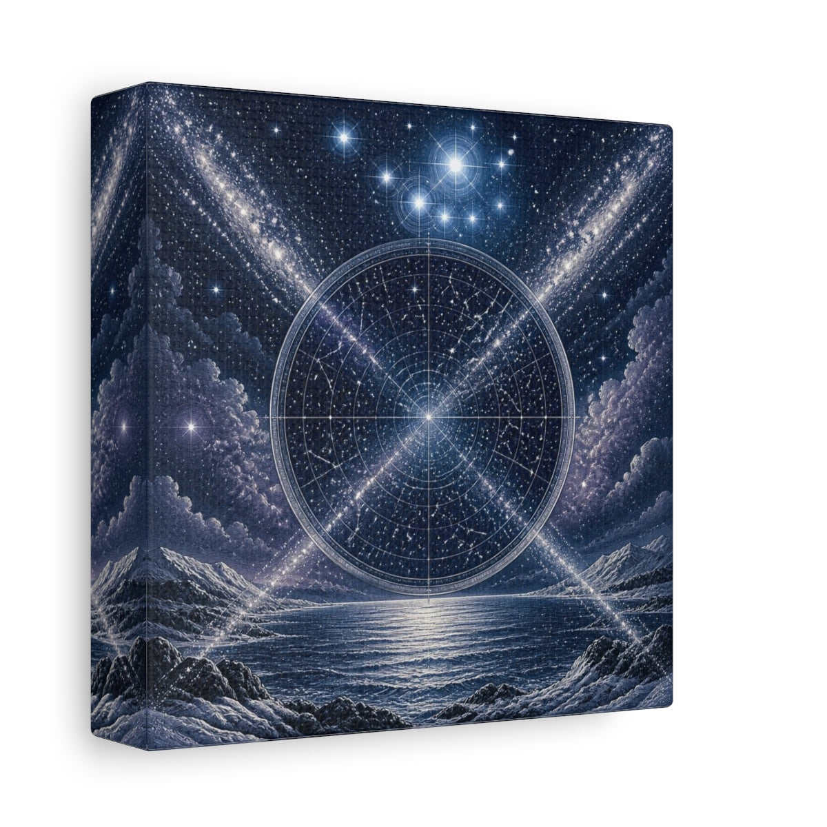 Side Mockup 2. Pleiades Star Map Over Sea shown as canvas print