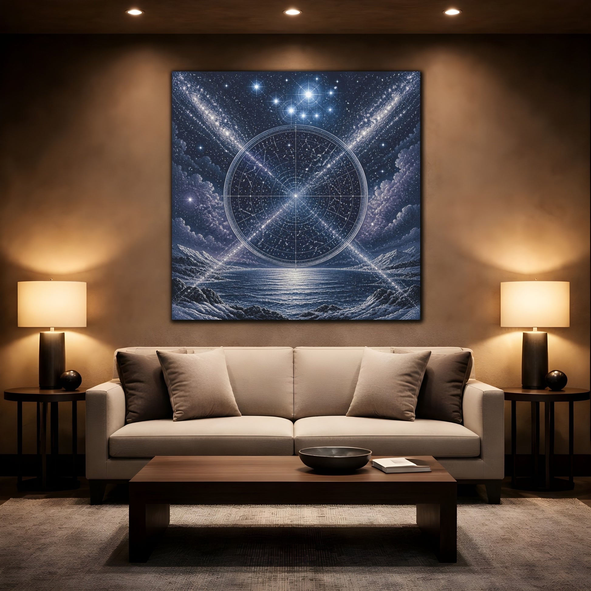 Mockup 2. Pleiades Star Map Over Sea shown as canvas print